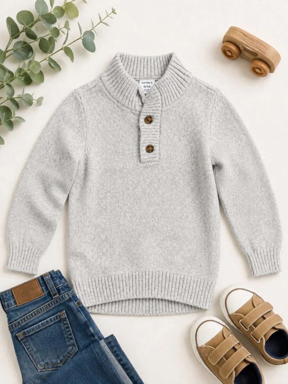 Carter’s Boys Size 6/6A Gray Knit Mock Neck Button Pullover Sweater